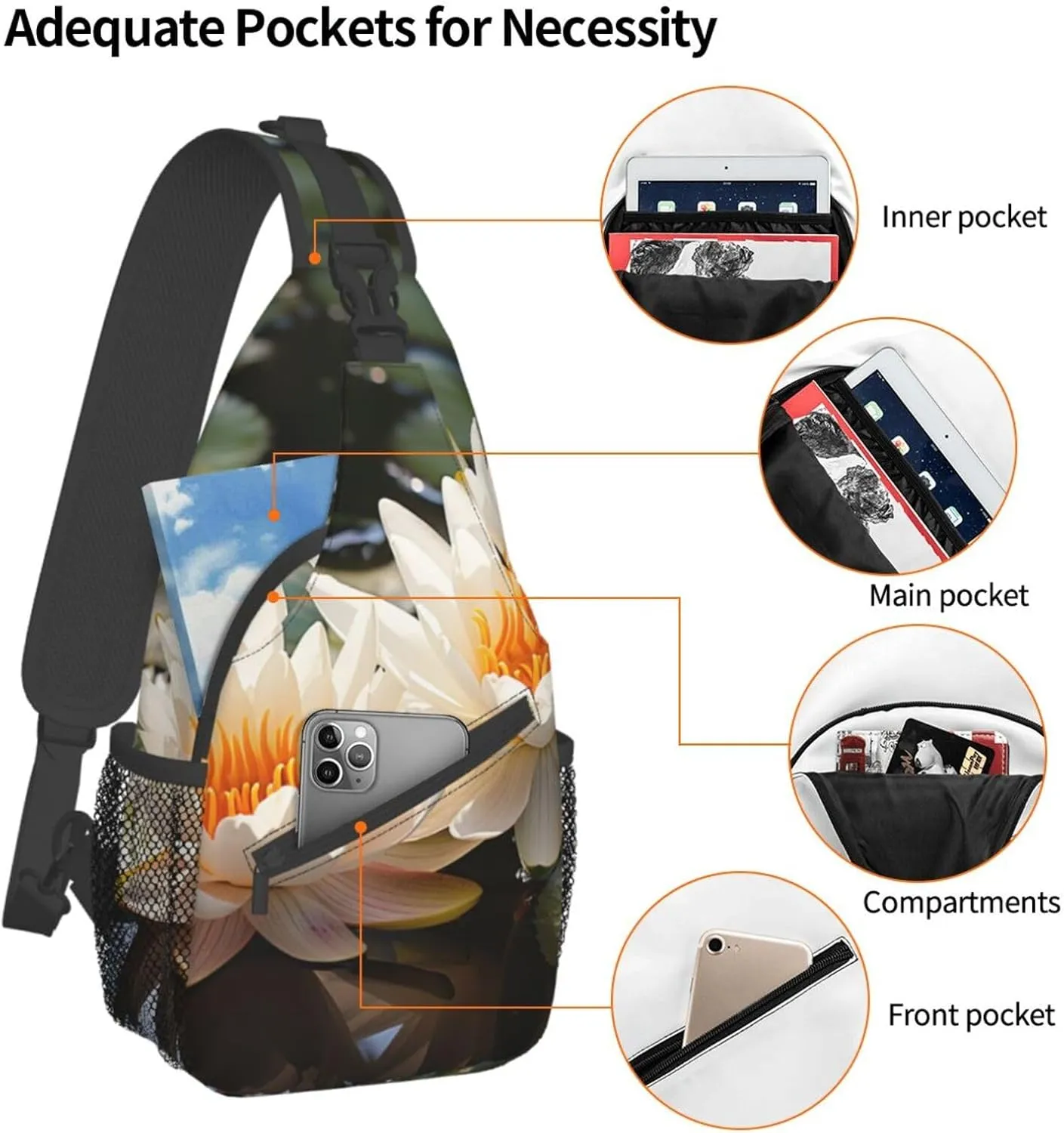 Sling Bag for Women Men Crossbody Bag Small Sling Backpack Two Water Lilies Chest Bag Hiking Daypack