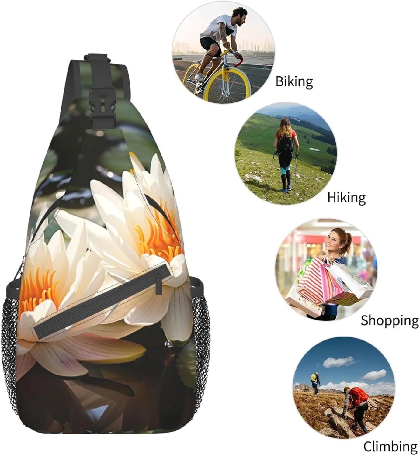 Sling Bag for Women Men Crossbody Bag Small Sling Backpack Two Water Lilies Chest Bag Hiking Daypack