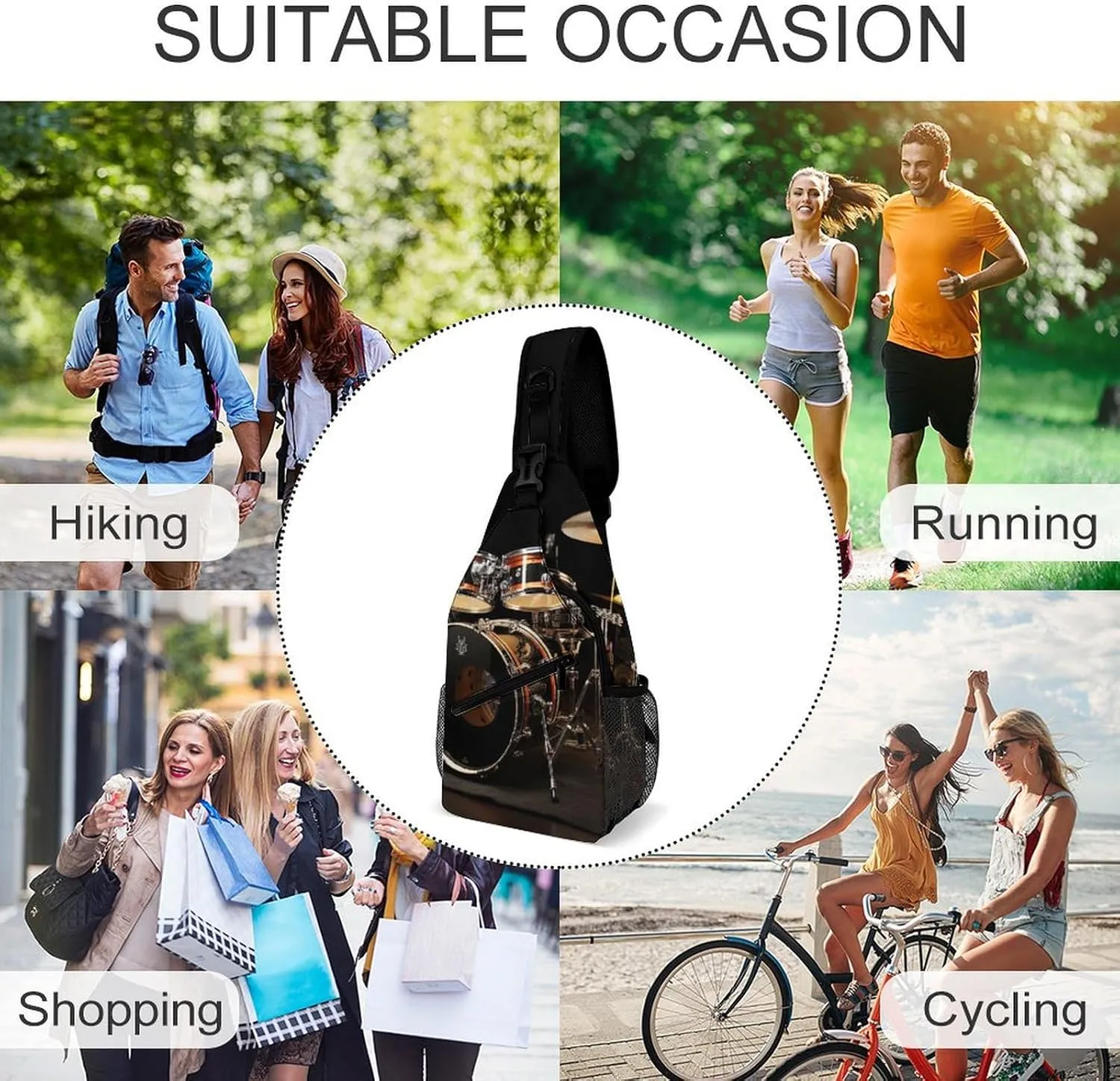 Sling Bag for Women Men Drum Set Travel Hiking Backpack Crossbody Shoulder Chest Bags Casual Daypack