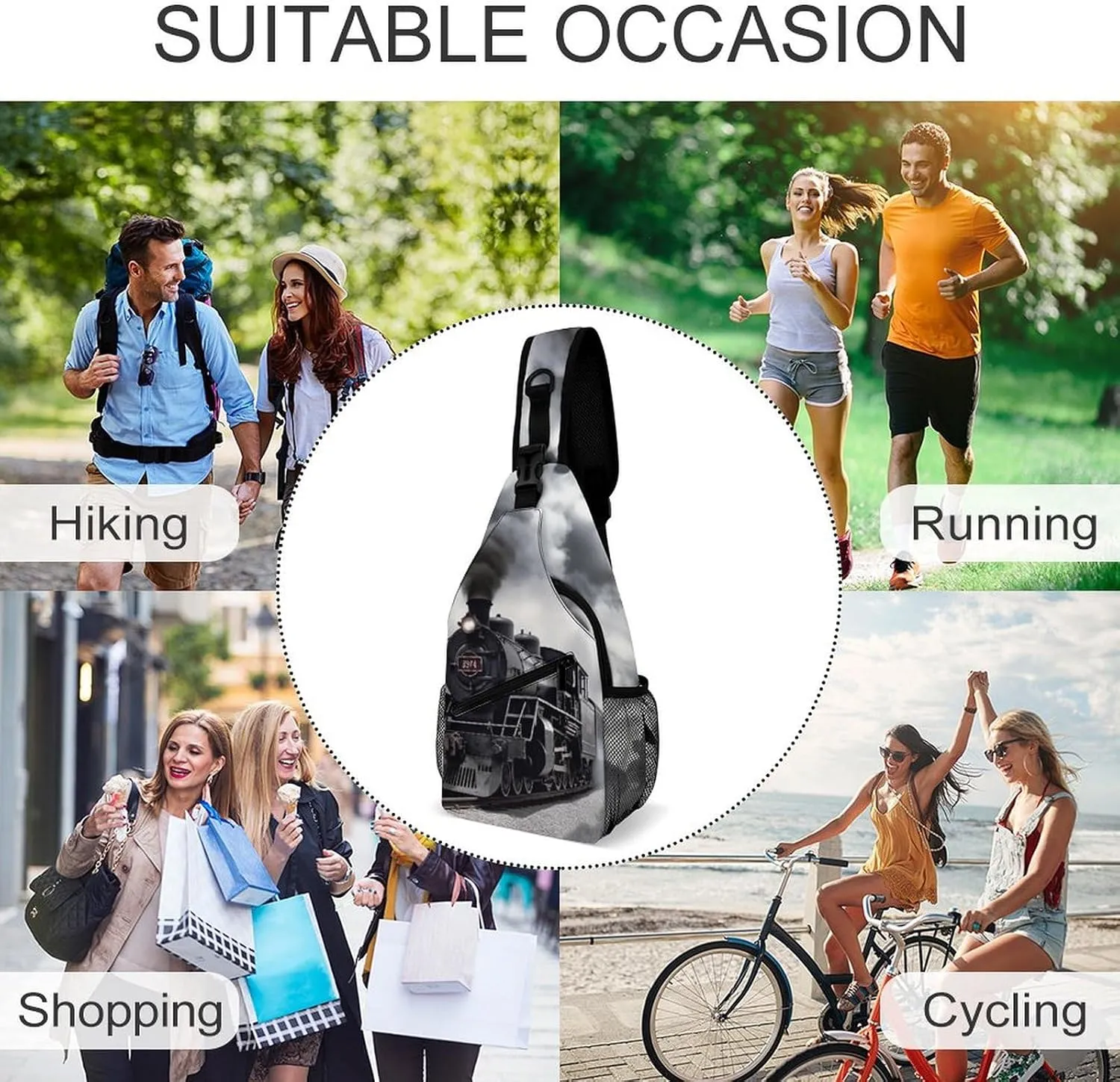 Sling Bag for Women Men Steam Train Clouds Travel Hiking Backpack Crossbody Shoulder Chest Bags Casual Daypack