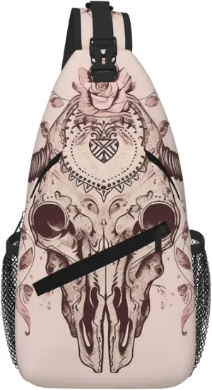 Sling Bag For Women Men Travel Hiking Backpack Crossbody Shoulder Chest Bags Bull Skull Tribalv Casual Daypack