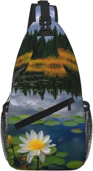 Sling Bag For Women Men Travel Hiking Backpack Crossbody Shoulder Chest Bags Flower Lake Pond Reflection Casual Daypack