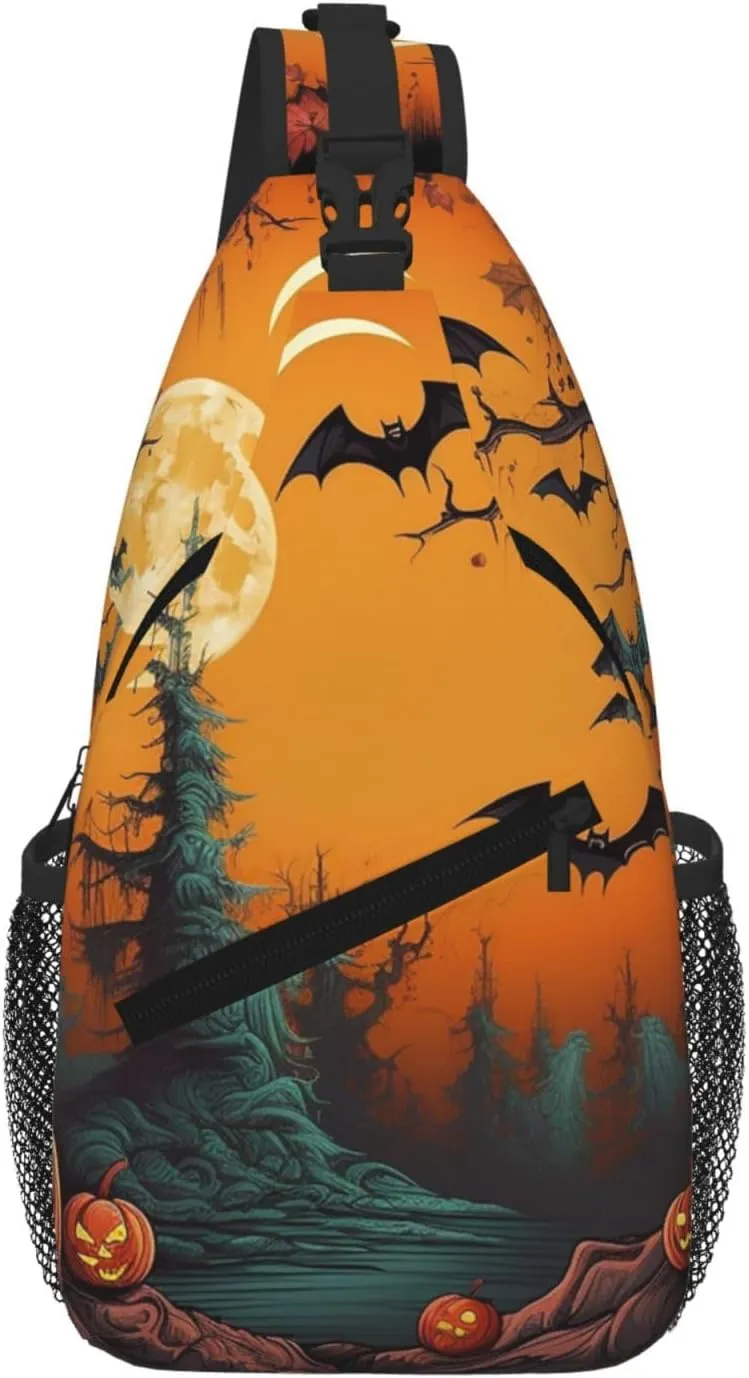 Sling Bag For Women Men Travel Hiking Backpack Crossbody Shoulder Chest Bags Horror Forest Pumpkin Bats Casual Daypack
