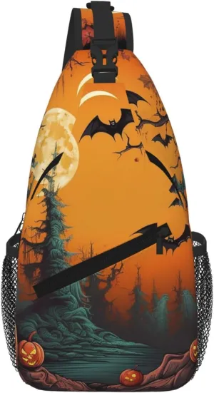 Sling Bag For Women Men Travel Hiking Backpack Crossbody Shoulder Chest Bags Horror Forest Pumpkin Bats Casual Daypack