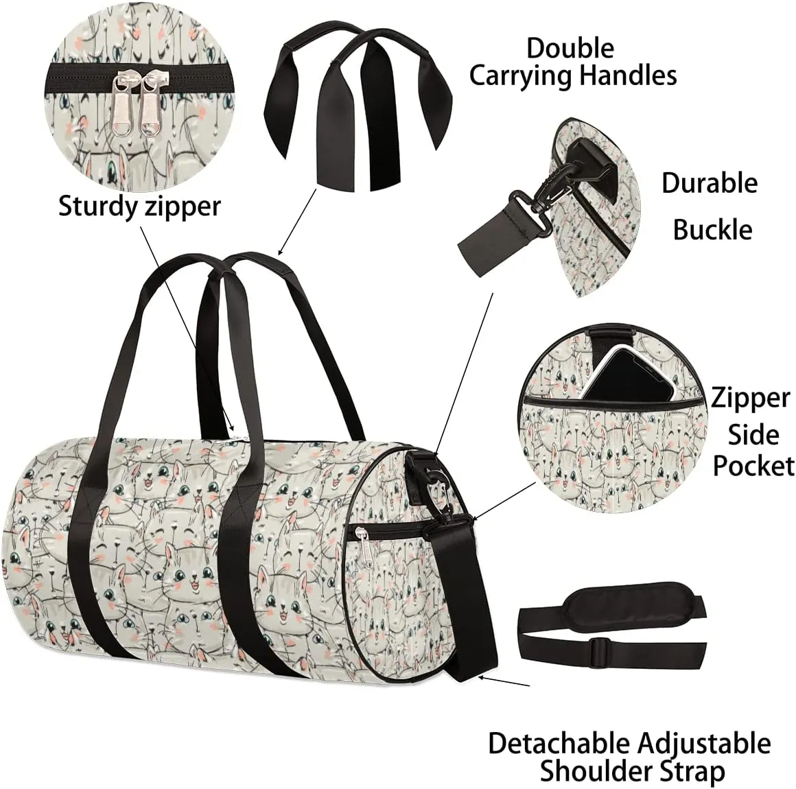 Small Gym Duffel Bags 17.8×9×9 Cat Sketch Gym Bag for Men Women Overnight Weekender Bag Lightweight Sport Duffle Bag Carry On Gymbag