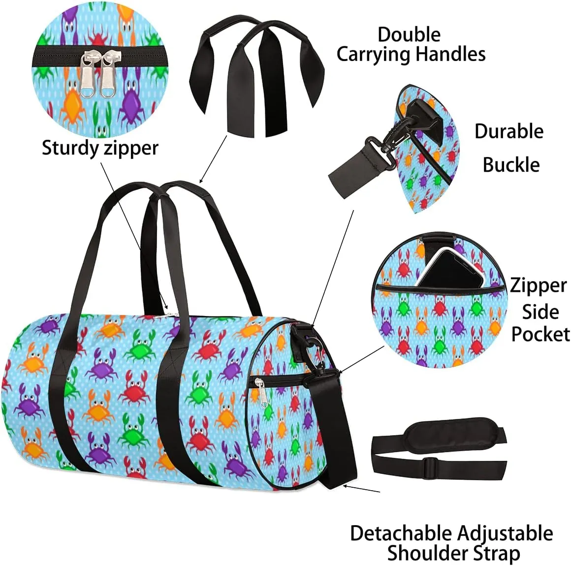 Small Gym Duffel Bags 17.8×9×9 Crabs Adorable Gym Bag for Men Women Overnight Weekender Bag Lightweight Sport Duffle Bag Carry On Gymbag