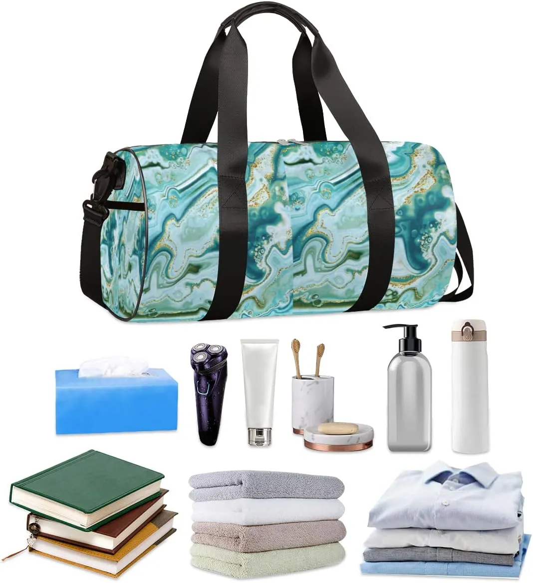 Small Gym Duffel Bags 17.8×9×9 Marble Turquoise Flow Gym Bag for Men Women Overnight Weekender Bag Lightweight Sport Duffle Bag Carry On Gymbag