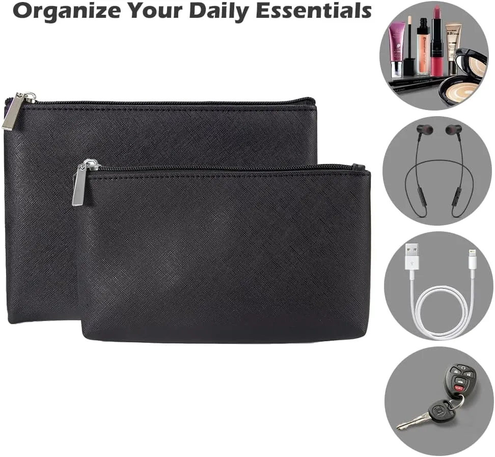 Small Makeup Bag, Portable Makeup Pouch Set of 2, Lightweight Brushes Pouch Period Kit Bag, Multipurpose Water-resistant Zipper Pouch, Black