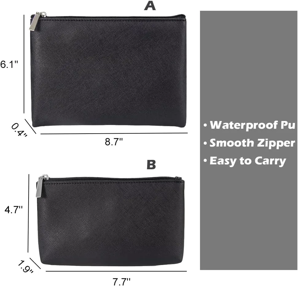 Small Makeup Bag, Portable Makeup Pouch Set of 2, Lightweight Brushes Pouch Period Kit Bag, Multipurpose Water-resistant Zipper Pouch, Black