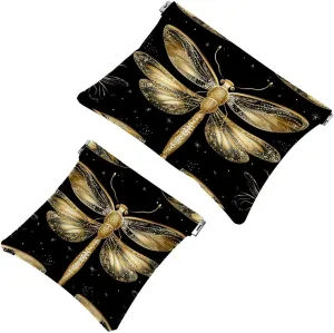 Small Pocket Cosmetic Bag, Squeeze Top Travel Makeup Bag for Purse, No Zipper Self-Closing Mini Makeup Pouch for Women Girls, Gold Dragonflies with Sparkling Wings Black Background