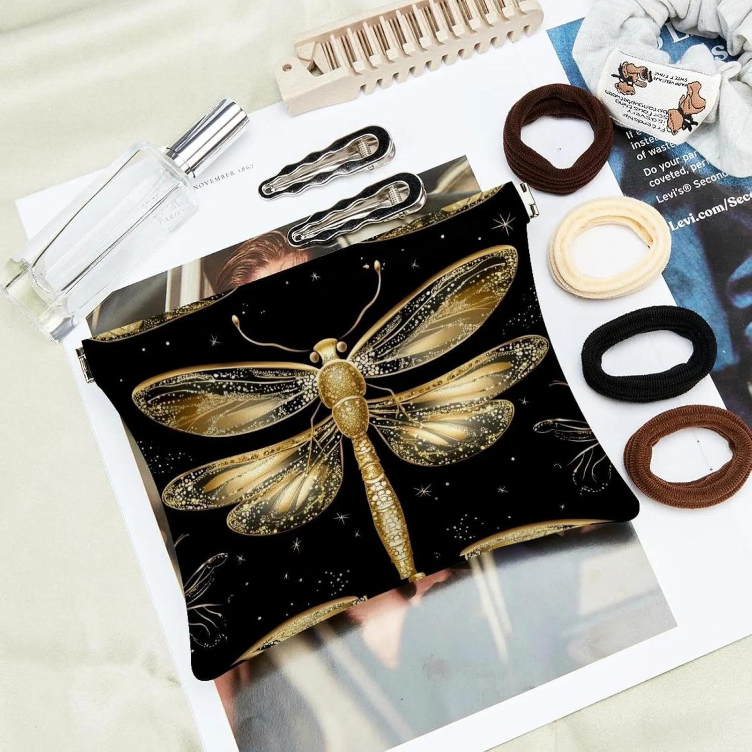 Small Pocket Cosmetic Bag, Squeeze Top Travel Makeup Bag for Purse, No Zipper Self-Closing Mini Makeup Pouch for Women Girls, Gold Dragonflies with Sparkling Wings Black Background