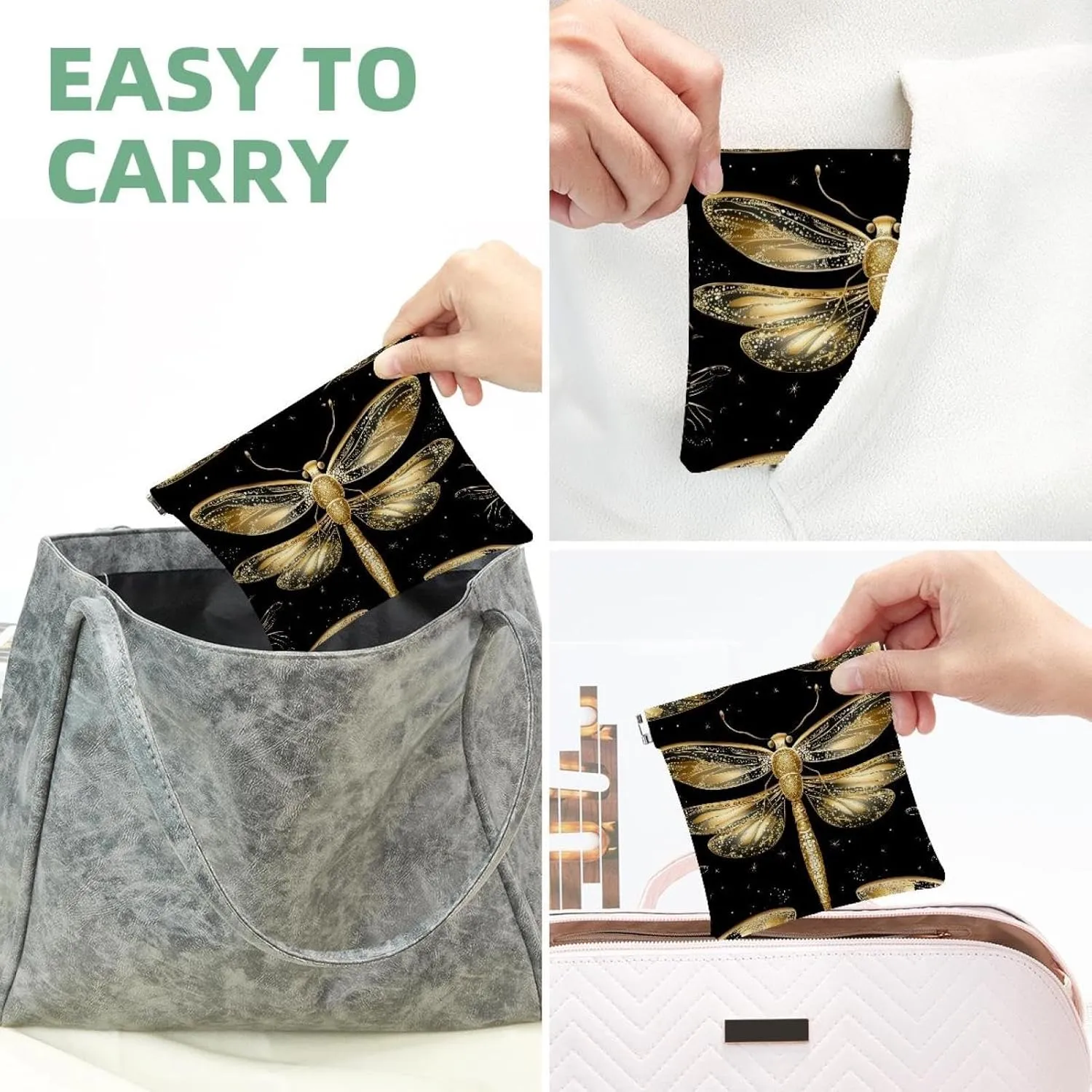 Small Pocket Cosmetic Bag, Squeeze Top Travel Makeup Bag for Purse, No Zipper Self-Closing Mini Makeup Pouch for Women Girls, Gold Dragonflies with Sparkling Wings Black Background