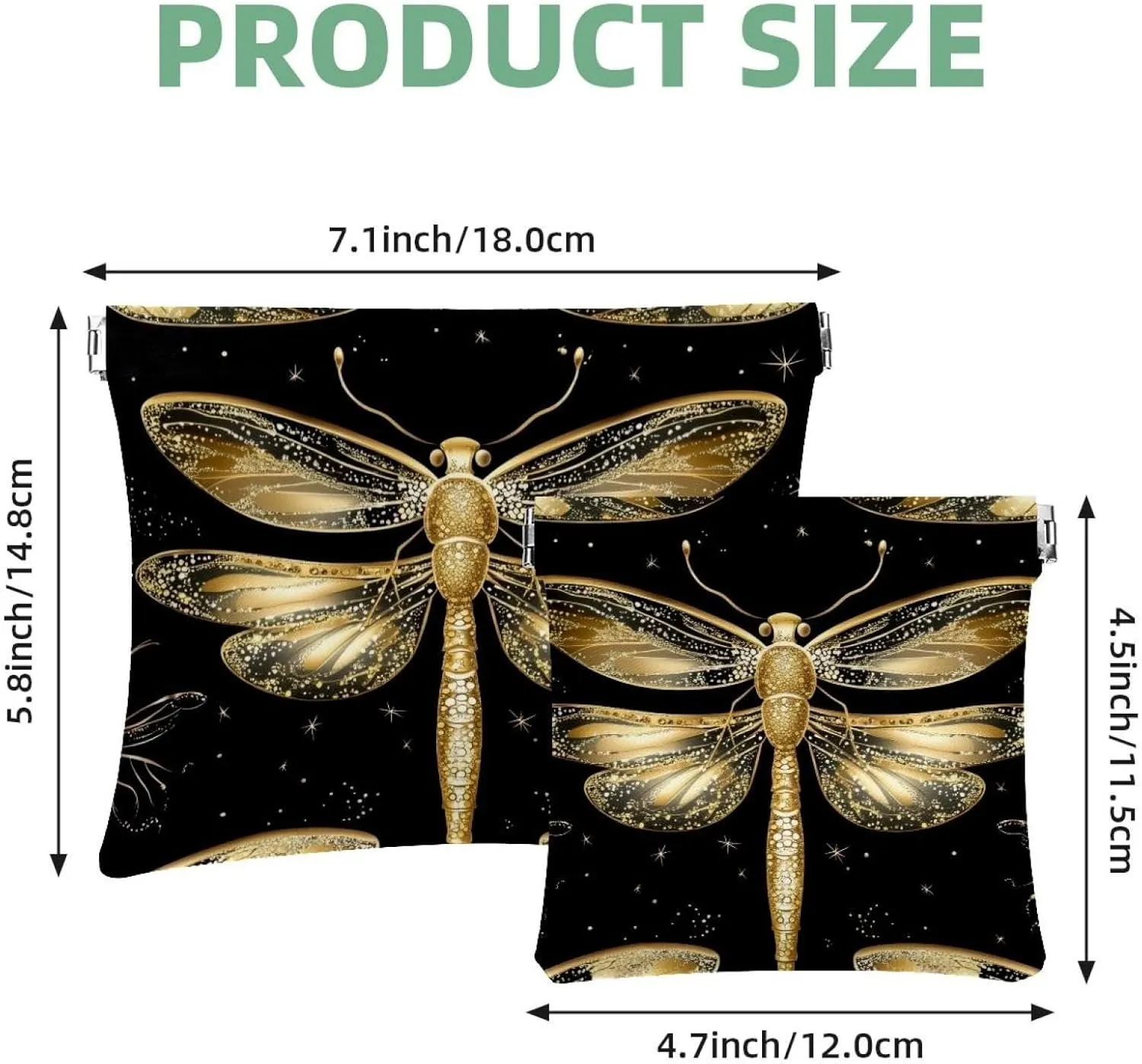 Small Pocket Cosmetic Bag, Squeeze Top Travel Makeup Bag for Purse, No Zipper Self-Closing Mini Makeup Pouch for Women Girls, Gold Dragonflies with Sparkling Wings Black Background