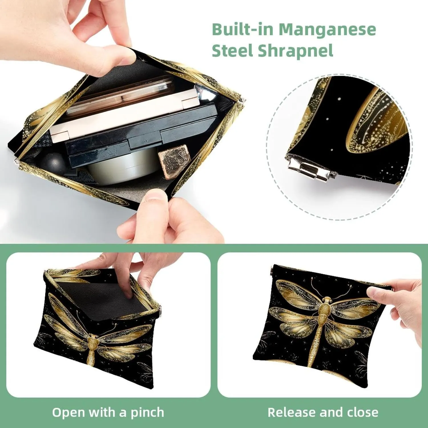 Small Pocket Cosmetic Bag, Squeeze Top Travel Makeup Bag for Purse, No Zipper Self-Closing Mini Makeup Pouch for Women Girls, Gold Dragonflies with Sparkling Wings Black Background