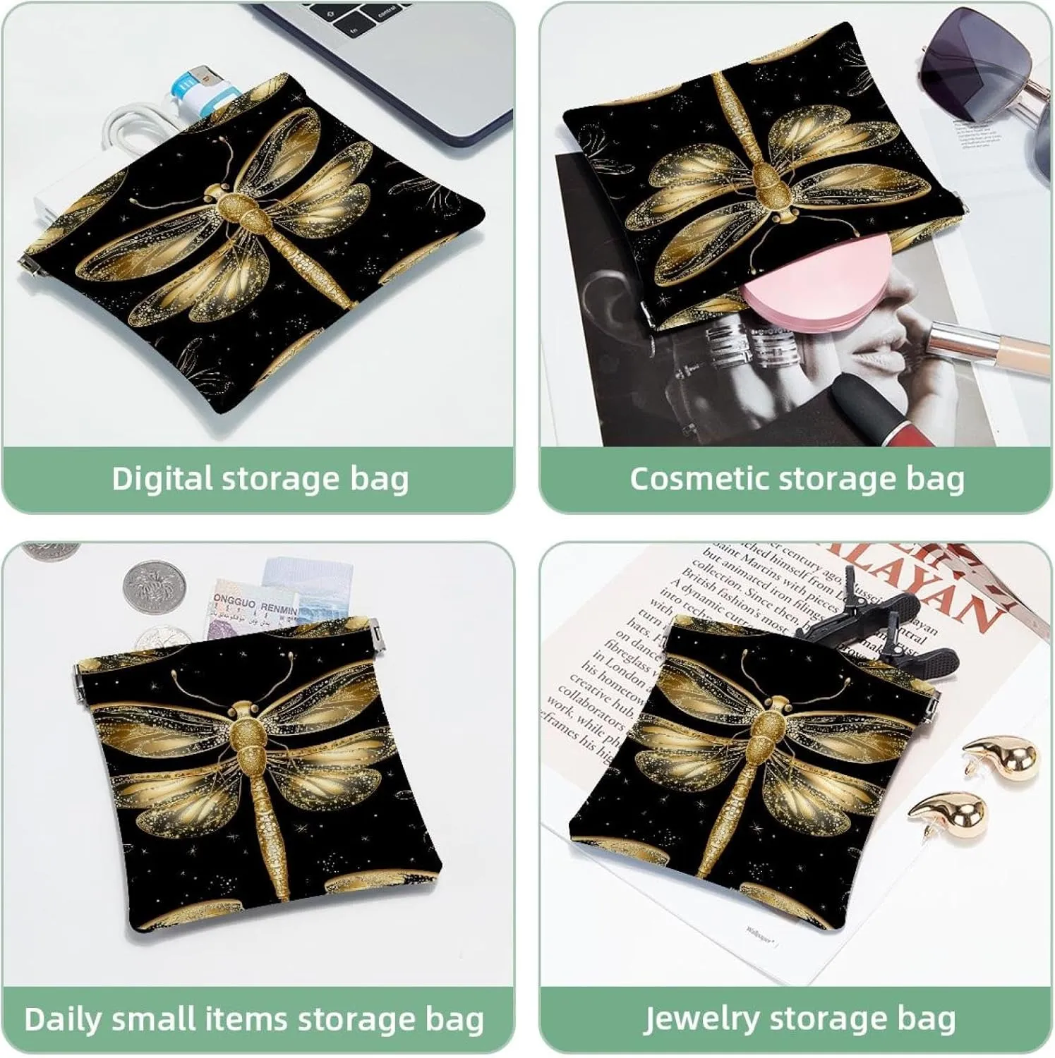 Small Pocket Cosmetic Bag, Squeeze Top Travel Makeup Bag for Purse, No Zipper Self-Closing Mini Makeup Pouch for Women Girls, Gold Dragonflies with Sparkling Wings Black Background