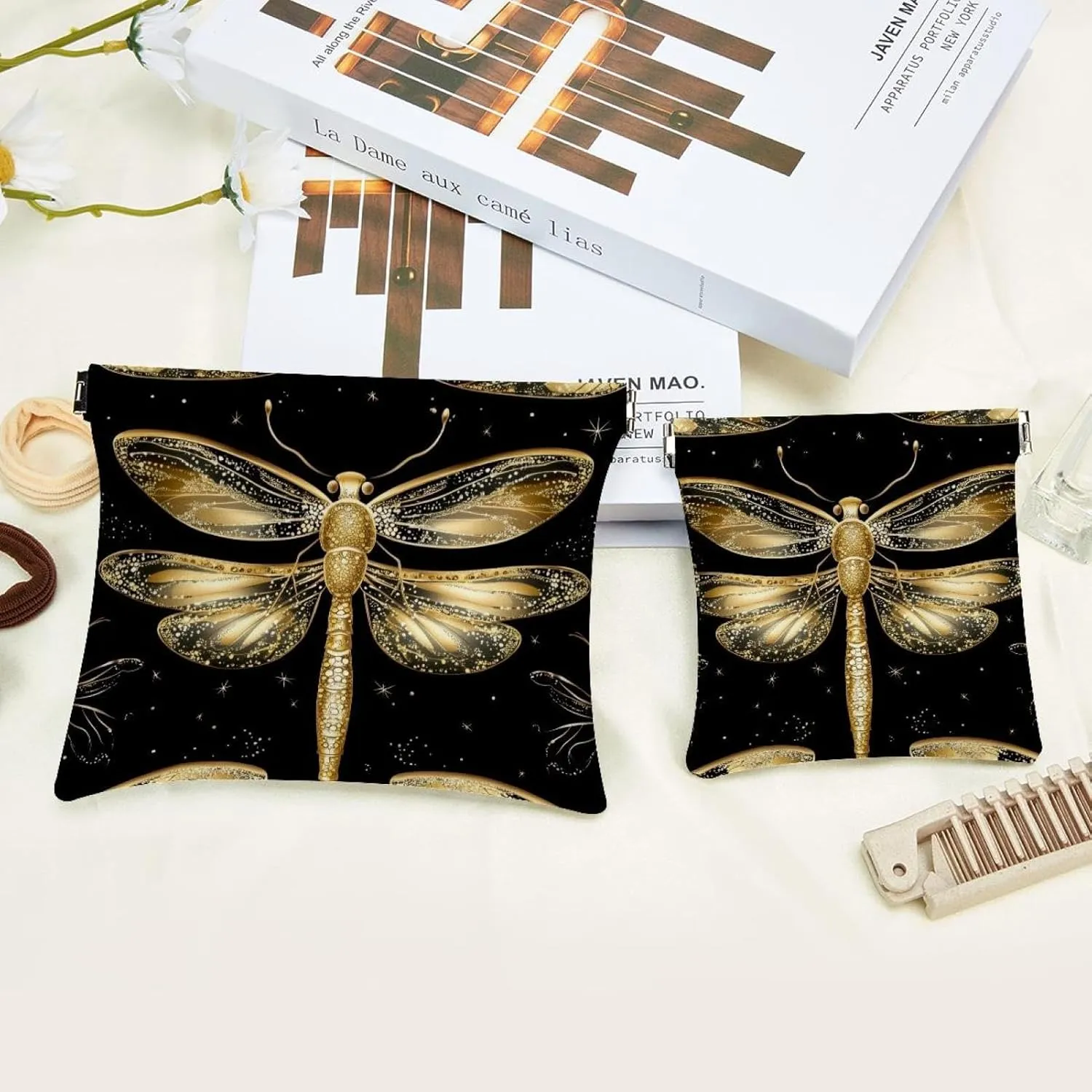 Small Pocket Cosmetic Bag, Squeeze Top Travel Makeup Bag for Purse, No Zipper Self-Closing Mini Makeup Pouch for Women Girls, Gold Dragonflies with Sparkling Wings Black Background