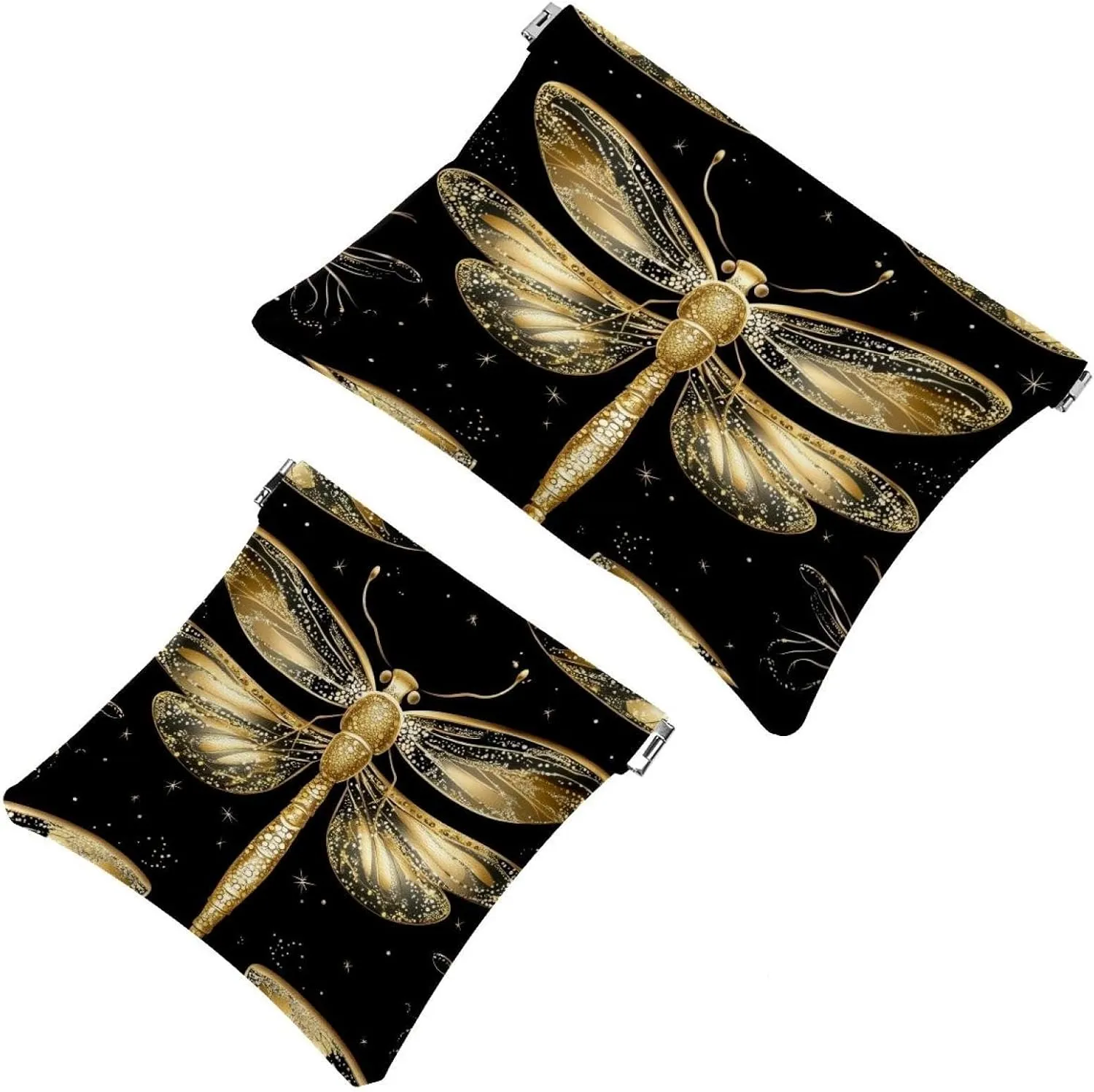 Small Pocket Cosmetic Bag, Squeeze Top Travel Makeup Bag for Purse, No Zipper Self-Closing Mini Makeup Pouch for Women Girls, Gold Dragonflies with Sparkling Wings Black Background