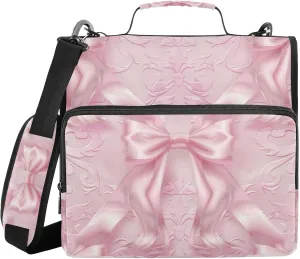 Smooth Dreamy Light Pink Bows Zipper Binder with Shoulder Strap Trapper Keeper 3 Ring Binder Organizer Large Capacity Multiple Compartments for School Office