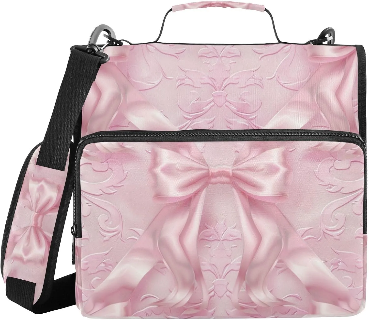 Smooth Dreamy Light Pink Bows Zipper Binder with Shoulder Strap Trapper Keeper 3 Ring Binder Organizer Large Capacity Multiple Compartments for School Office