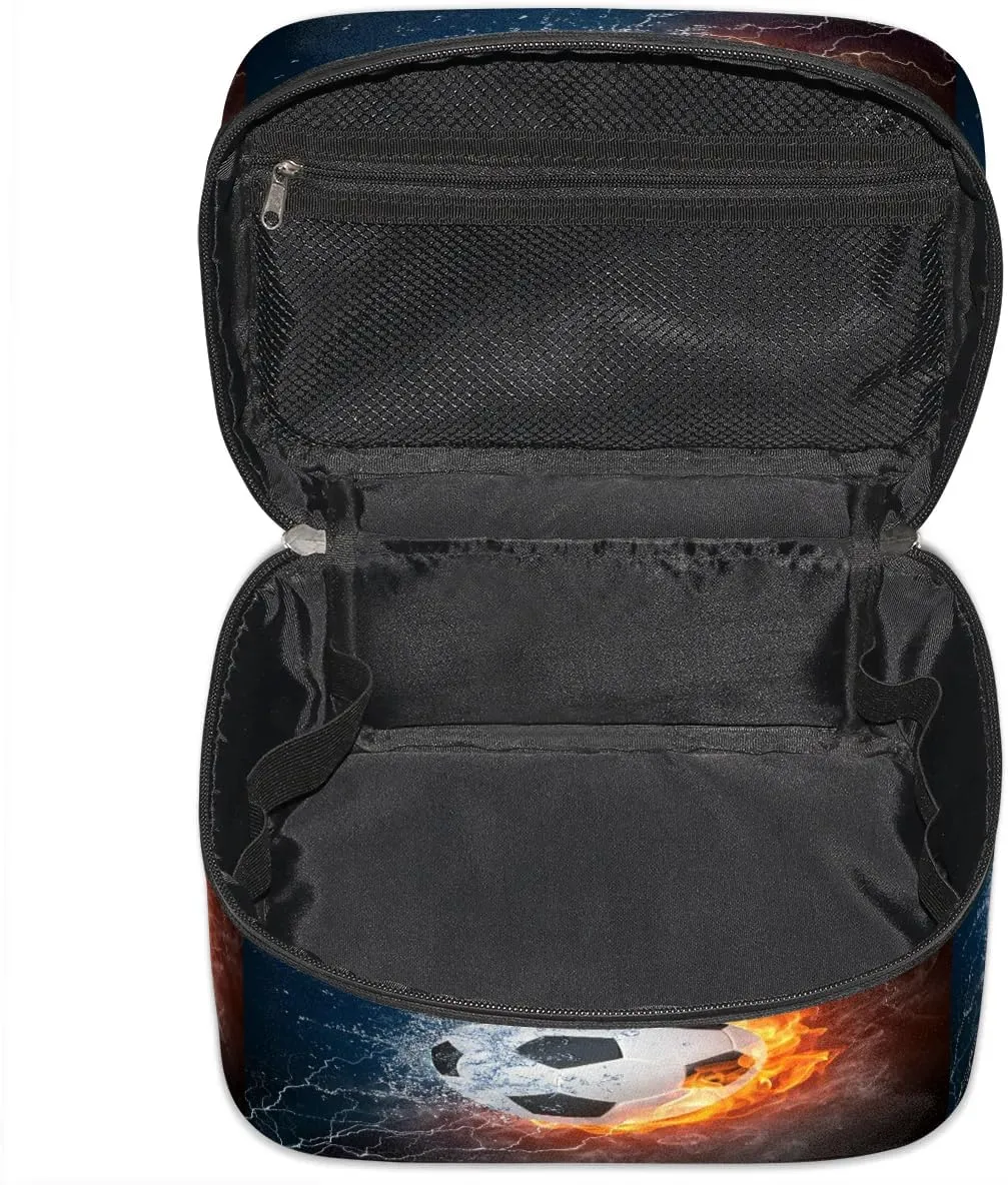 Soccer Makeup Bag Small Cosmetic Bag for Women Travel Makeup Case Organizer Portable Zipper Make Up Brush Bag Cute Toiletry Bag Storage Bags with Handle