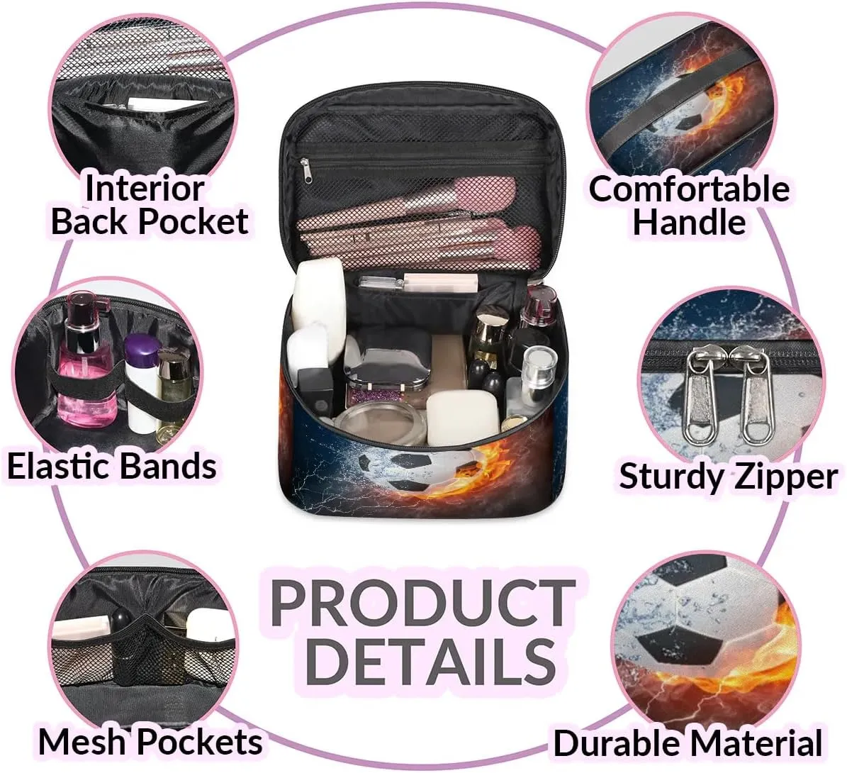 Soccer Makeup Bag Small Cosmetic Bag for Women Travel Makeup Case Organizer Portable Zipper Make Up Brush Bag Cute Toiletry Bag Storage Bags with Handle