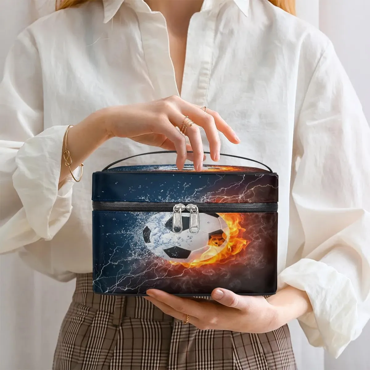 Soccer Makeup Bag Small Cosmetic Bag for Women Travel Makeup Case Organizer Portable Zipper Make Up Brush Bag Cute Toiletry Bag Storage Bags with Handle