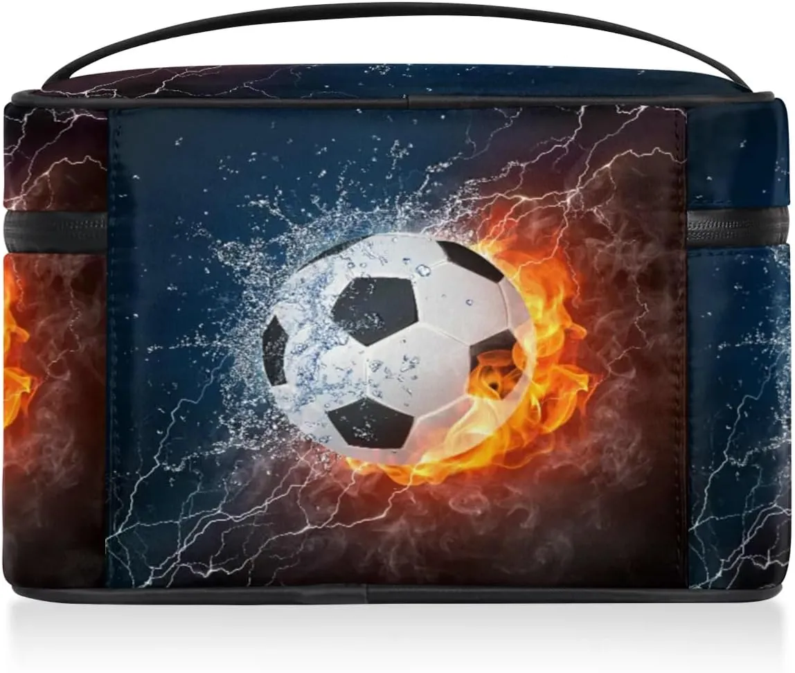 Soccer Makeup Bag Small Cosmetic Bag for Women Travel Makeup Case Organizer Portable Zipper Make Up Brush Bag Cute Toiletry Bag Storage Bags with Handle