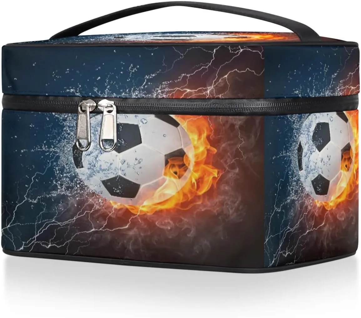 Soccer Makeup Bag Small Cosmetic Bag for Women Travel Makeup Case Organizer Portable Zipper Make Up Brush Bag Cute Toiletry Bag Storage Bags with Handle