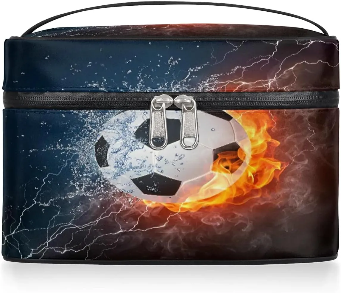 Soccer Makeup Bag Small Cosmetic Bag for Women Travel Makeup Case Organizer Portable Zipper Make Up Brush Bag Cute Toiletry Bag Storage Bags with Handle