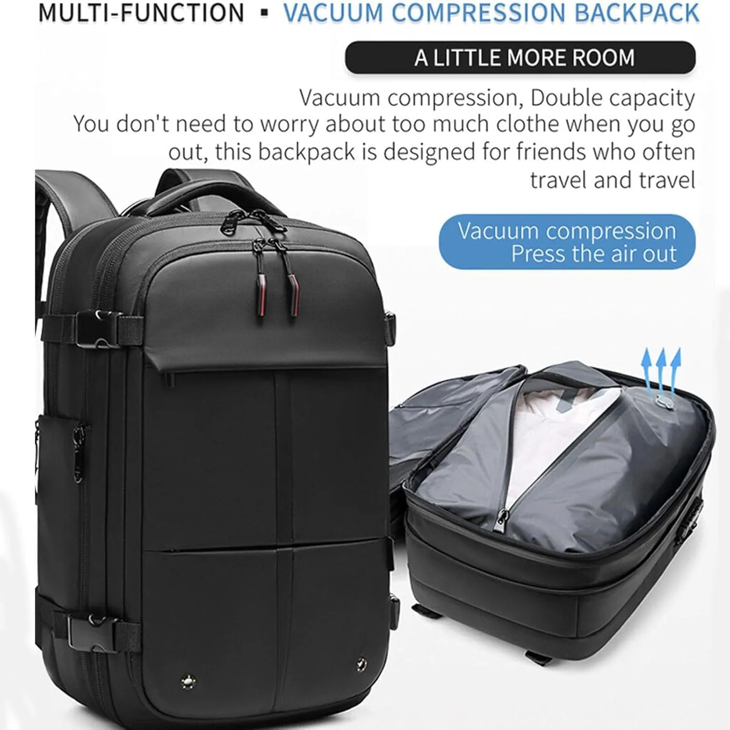 SpaceVac Backpack, Space Vac Travel Vacuum Bags, 60l Expandable Backpack, Water Resistant, Anti Theft, with Electric Air Pump (Classic-Black)