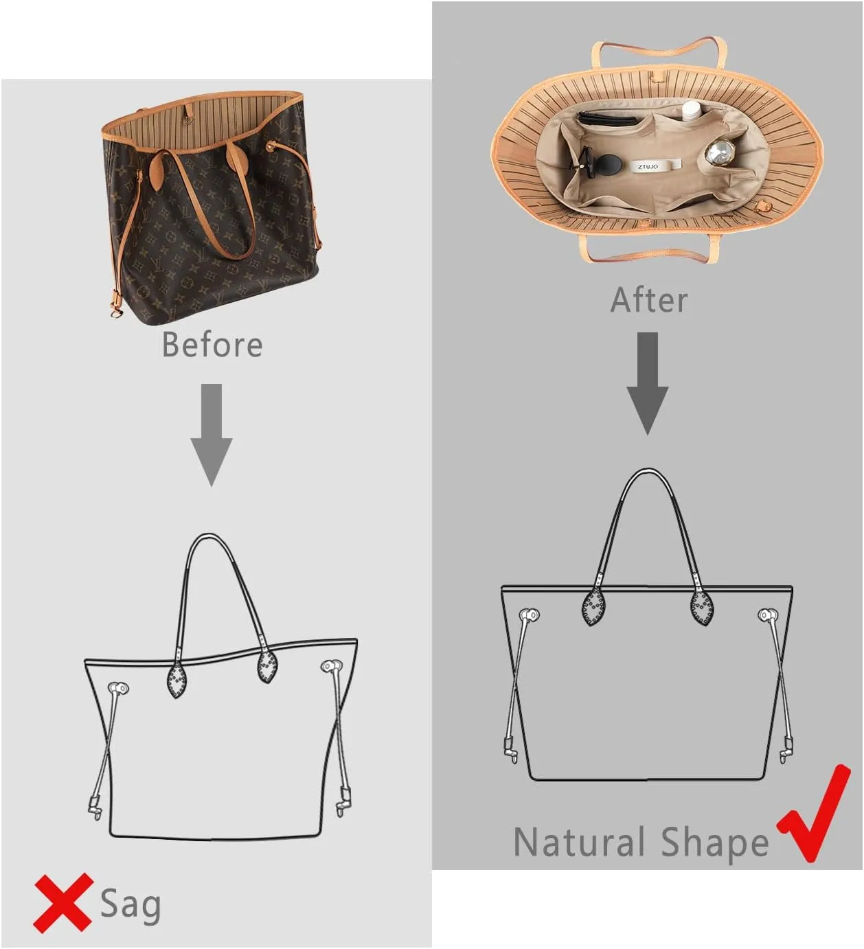 Speedy Neverfull Tote Organizer Insert - Silk Purse Organizer with Zipper, Silky Smooth, 6 Sizes (Slender Large, Silky Beige)