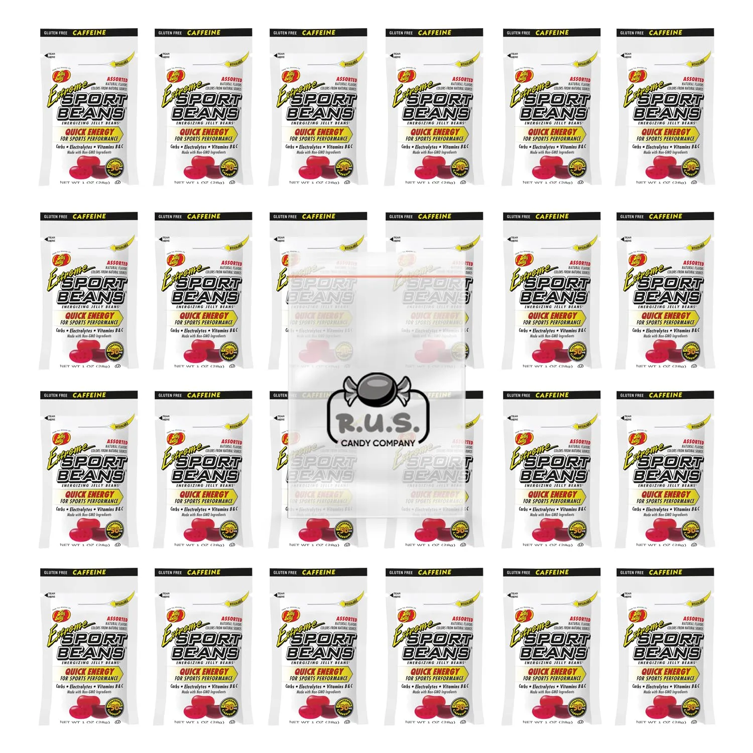 Sport Bean - Energizing Jelly Beans - 24 Pack- includes RUS Candy Company Travel Size Pocket Bag (Extreme Assorted)