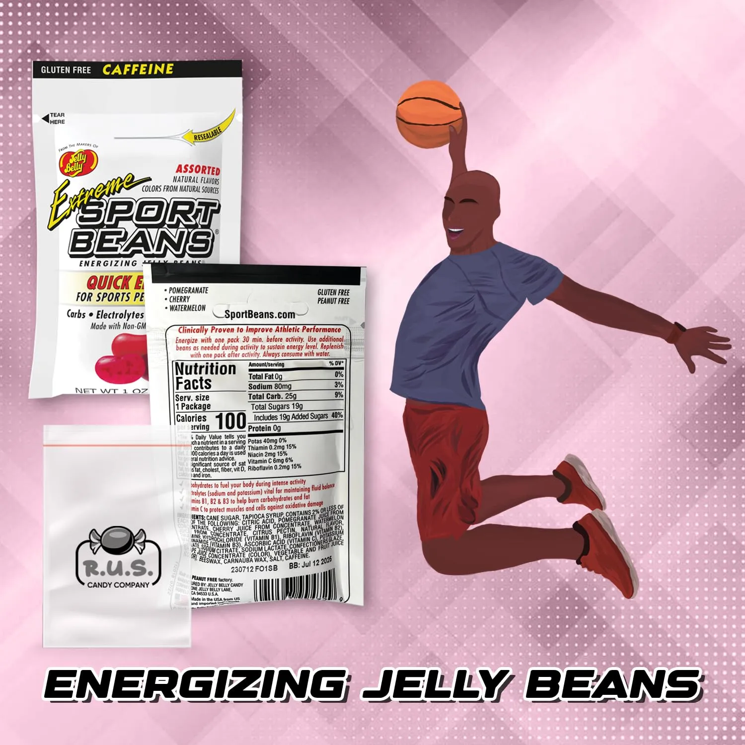 Sport Bean - Energizing Jelly Beans - 24 Pack- includes RUS Candy Company Travel Size Pocket Bag (Extreme Assorted)