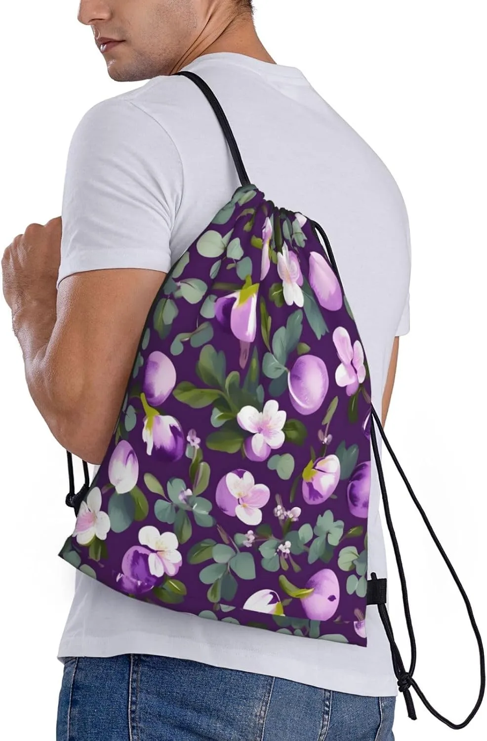 Spring Plum Floral Print Drawstring Bags Backpack Bag Sport Gym Sack Drawstring Bag Shopping String Bag, Medium