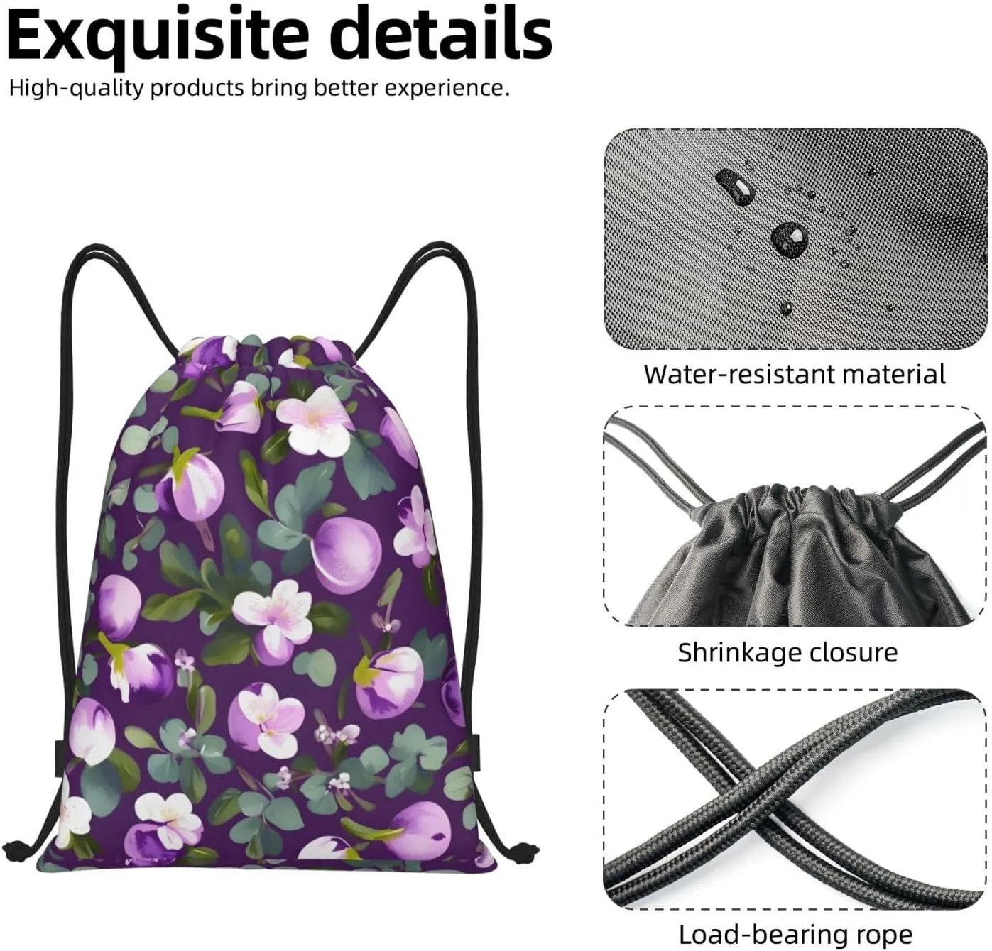 Spring Plum Floral Print Drawstring Bags Backpack Bag Sport Gym Sack Drawstring Bag Shopping String Bag, Medium