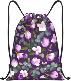 Spring Plum Floral Print Drawstring Bags Backpack Bag Sport Gym Sack Drawstring Bag Shopping String Bag, Medium