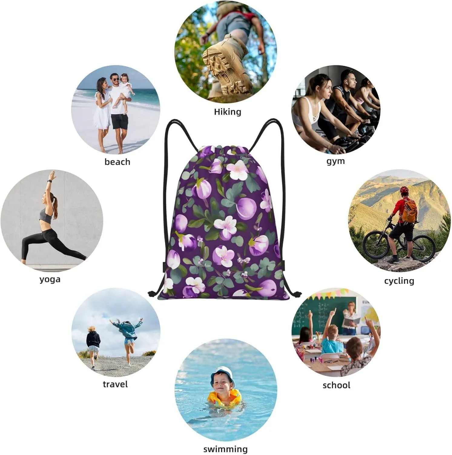 Spring Plum Floral Print Drawstring Bags Backpack Bag Sport Gym Sack Drawstring Bag Shopping String Bag, Medium