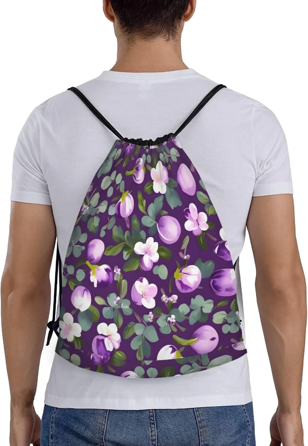 Spring Plum Floral Print Drawstring Bags Backpack Bag Sport Gym Sack Drawstring Bag Shopping String Bag, Medium