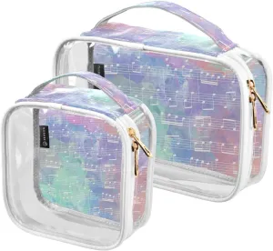 Stave-with-watercolor Pattern 2 Pack Clear Toiletry Bag Women Men, Portable Waterproof Clear Pouch, Cosmetic Bag with Double Zippers Large Opening Traveling with Handle for Bathroom Traveling Vacation