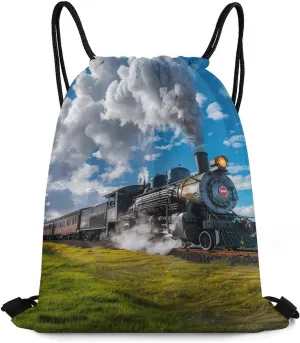 Steam Train Crosses A Green Lawn Drawstring Backpack Durable String Bag Sports Sackpack Cinch Bags for Gym Travel