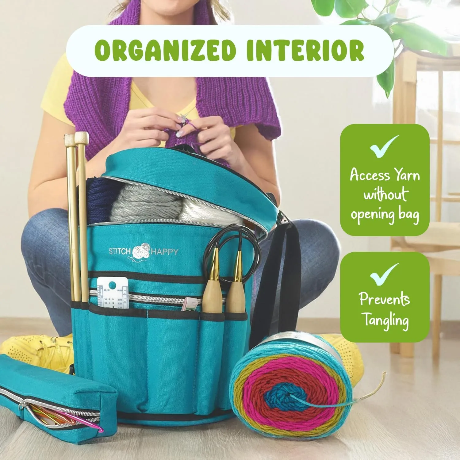 Stitch Happy Knitting Bag (Peacock): 7 Pocket Yarn Bag, Crochet Bag, Yarn Storage, Crochet Storage