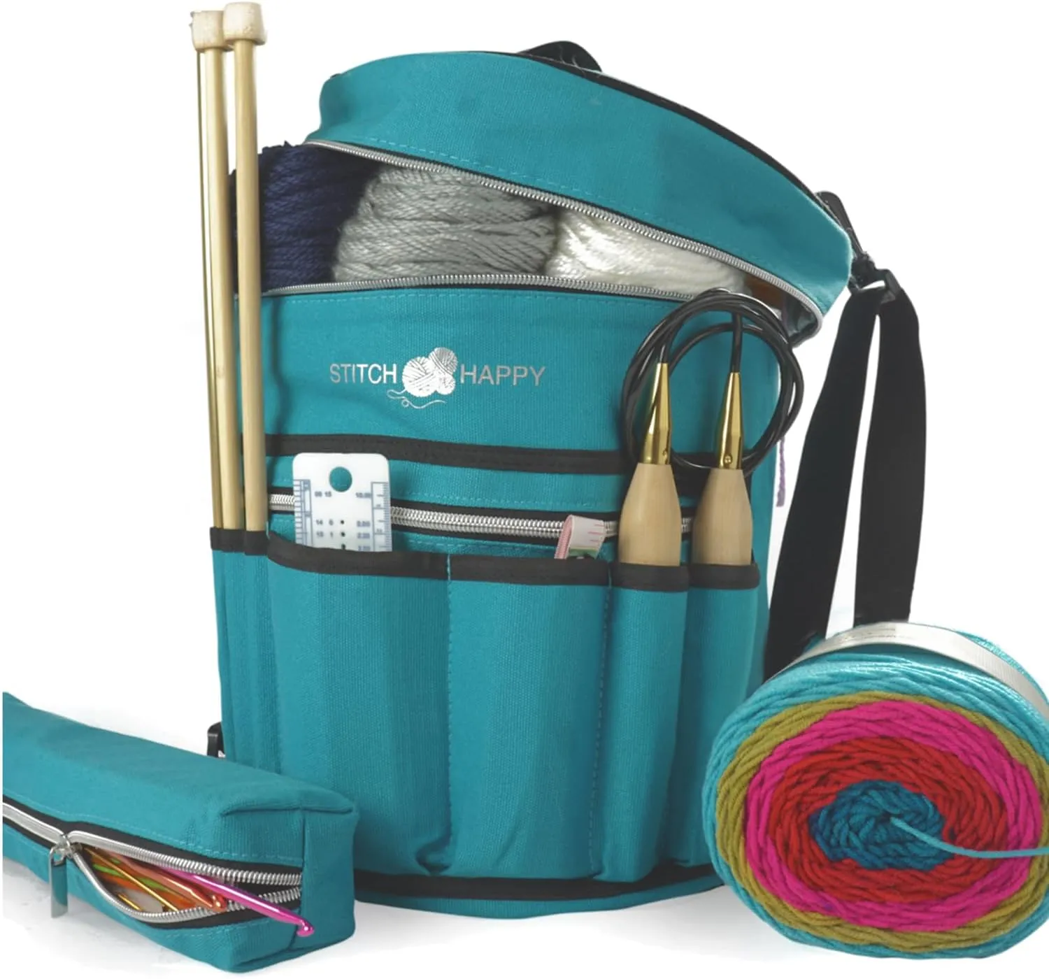 Stitch Happy Knitting Bag (Peacock): 7 Pocket Yarn Bag, Crochet Bag, Yarn Storage, Crochet Storage