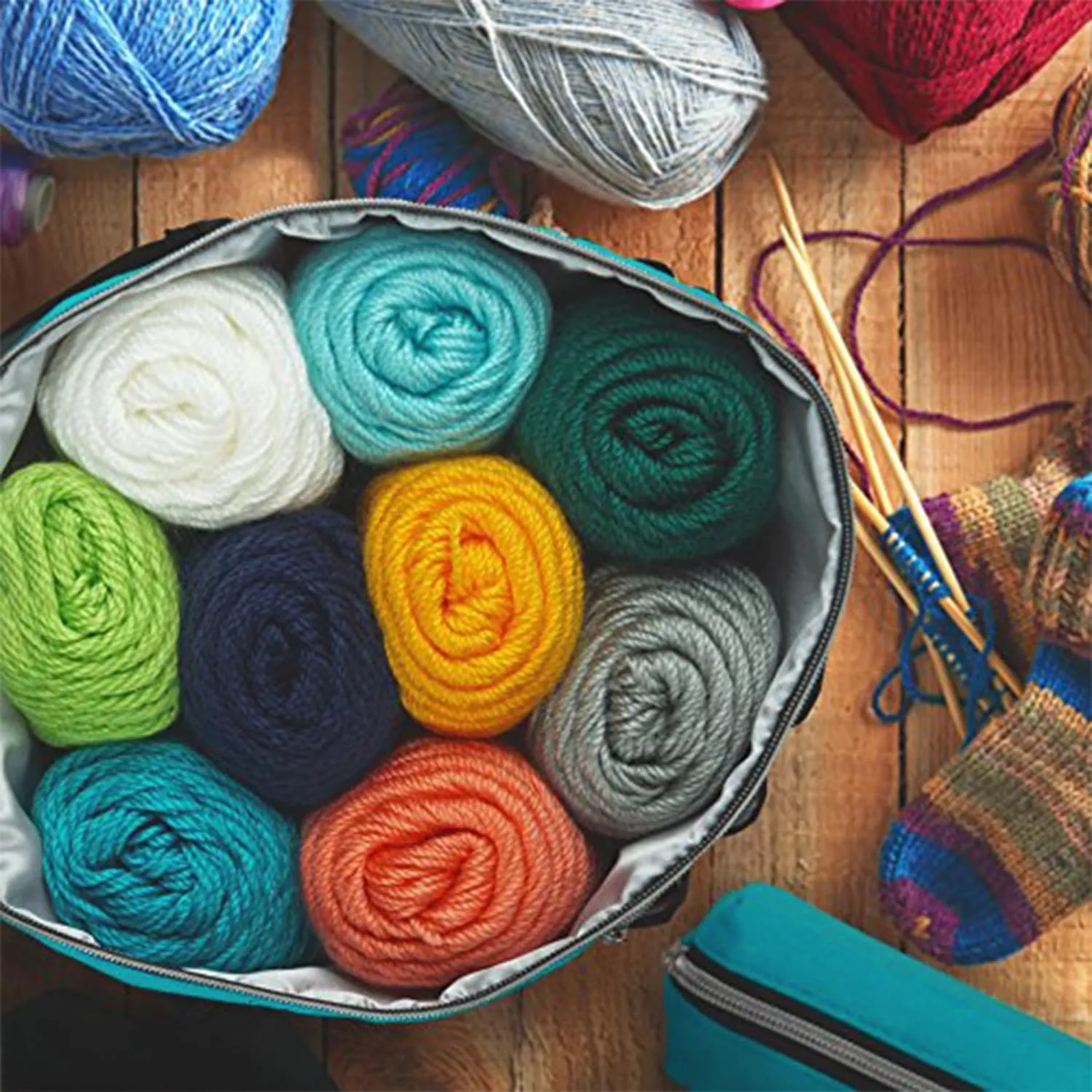 Stitch Happy Knitting Bag (Peacock): 7 Pocket Yarn Bag, Crochet Bag, Yarn Storage, Crochet Storage