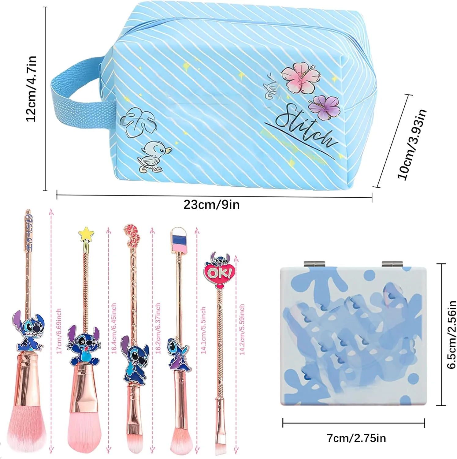 Stitch Travel Makeup Bag Large Capacity Cosmetic Bags Cartoon PU Small Skin Care Bags for Girls Women Mirror Makeup Brush