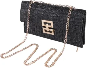 Straw Clutch Purse for Women - Summer Beach Bag, Woven Handbag with Chain Crossbody Shoulder Strap - Evening Bag