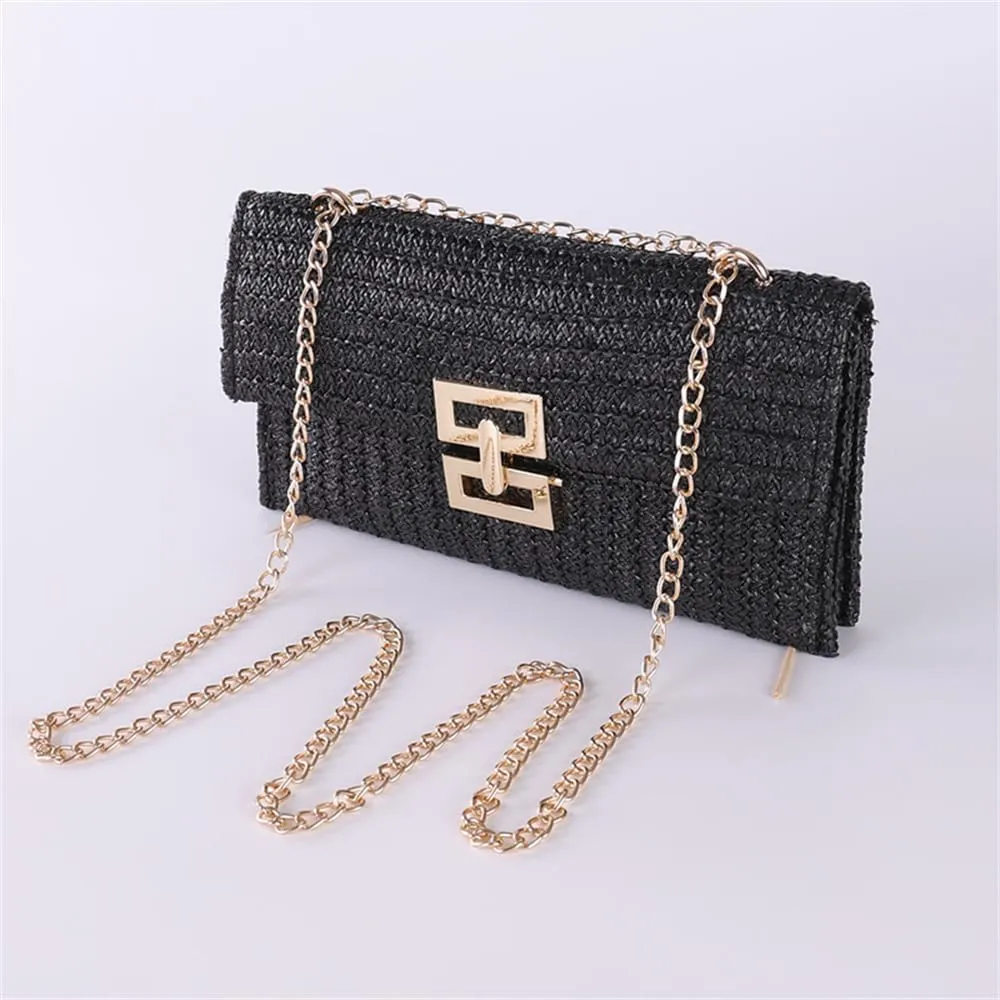 Straw Clutch Purse for Women - Summer Beach Bag, Woven Handbag with Chain Crossbody Shoulder Strap - Evening Bag