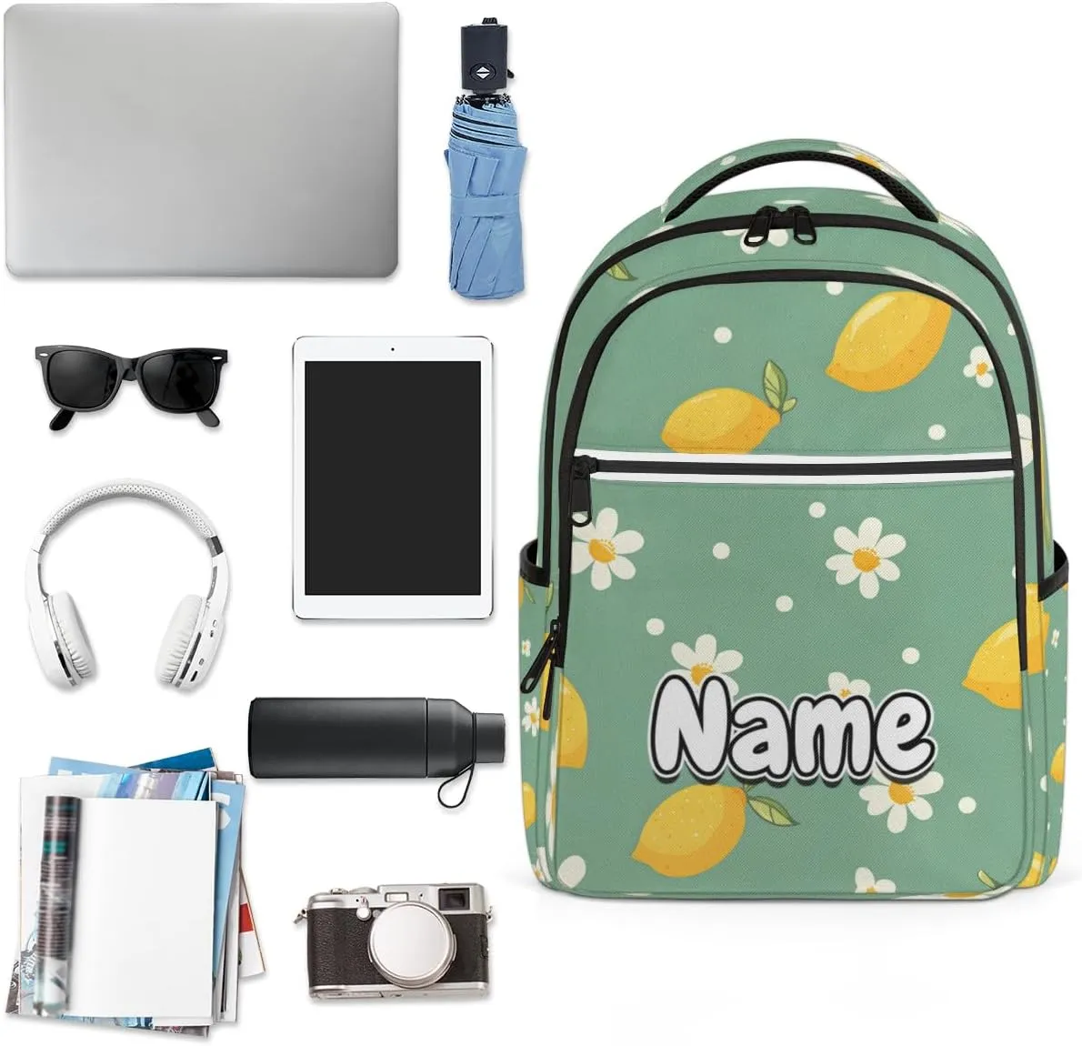 Summer Lemon Flower Personalized Laptop Backpack with Name Custom Shoulder Bags for Women Men Waterproof Travel Casual Daypack Laptop Bag Gifts 16.1in