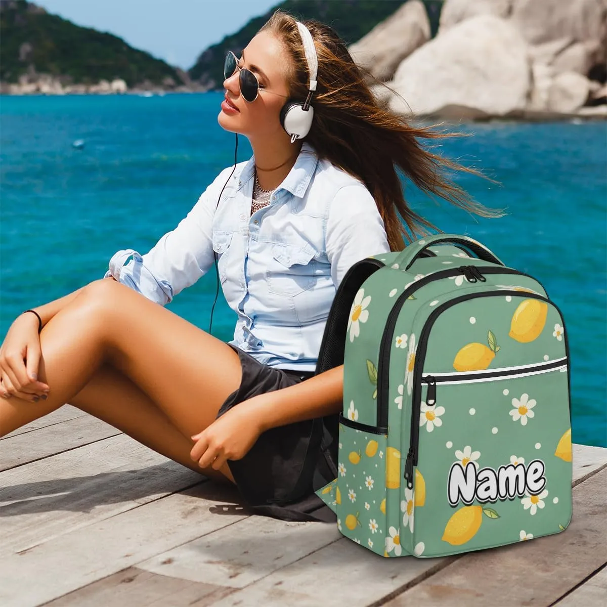 Summer Lemon Flower Personalized Laptop Backpack with Name Custom Shoulder Bags for Women Men Waterproof Travel Casual Daypack Laptop Bag Gifts 16.1in