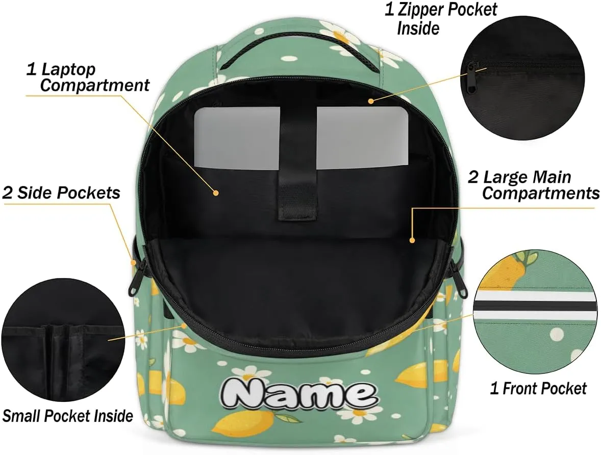 Summer Lemon Flower Personalized Laptop Backpack with Name Custom Shoulder Bags for Women Men Waterproof Travel Casual Daypack Laptop Bag Gifts 16.1in