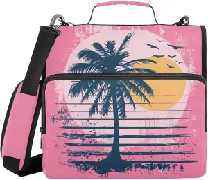 Sun Coconut Tree Silhouette Pink Zipper Binder with Shoulder Strap Trapper Keeper 3 Ring Binder Organizer Large Capacity Multiple Compartments for School Office